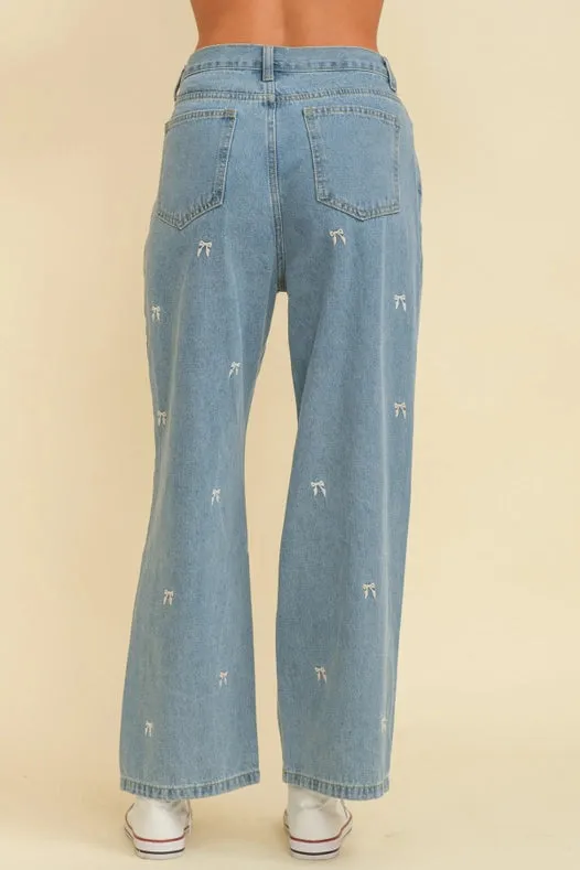 High Waisted Embroidered Bow Jeans