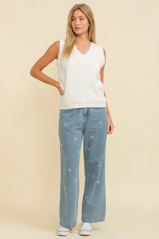 High Waisted Embroidered Bow Jeans