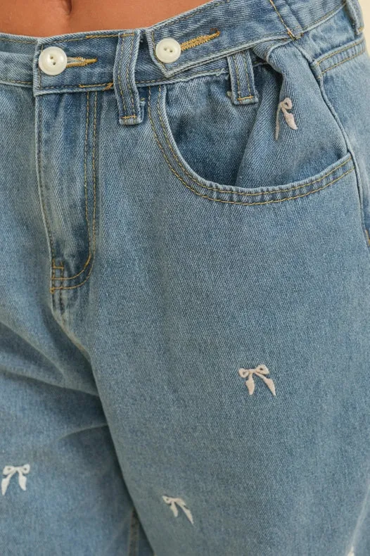High Waisted Embroidered Bow Jeans