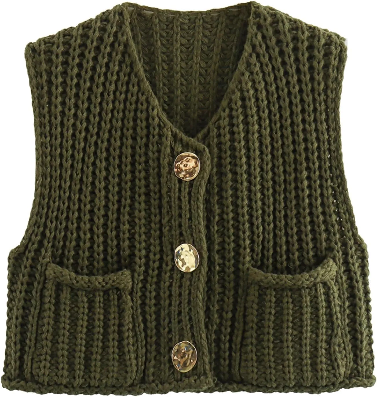 Himosyber Womens Chunky Knit Vest Sleeveless Button Down Cardigan Casual Cropped Crochet Sweater Vest with Pockets