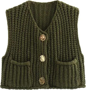 Himosyber Womens Chunky Knit Vest Sleeveless Button Down Cardigan Casual Cropped Crochet Sweater Vest with Pockets