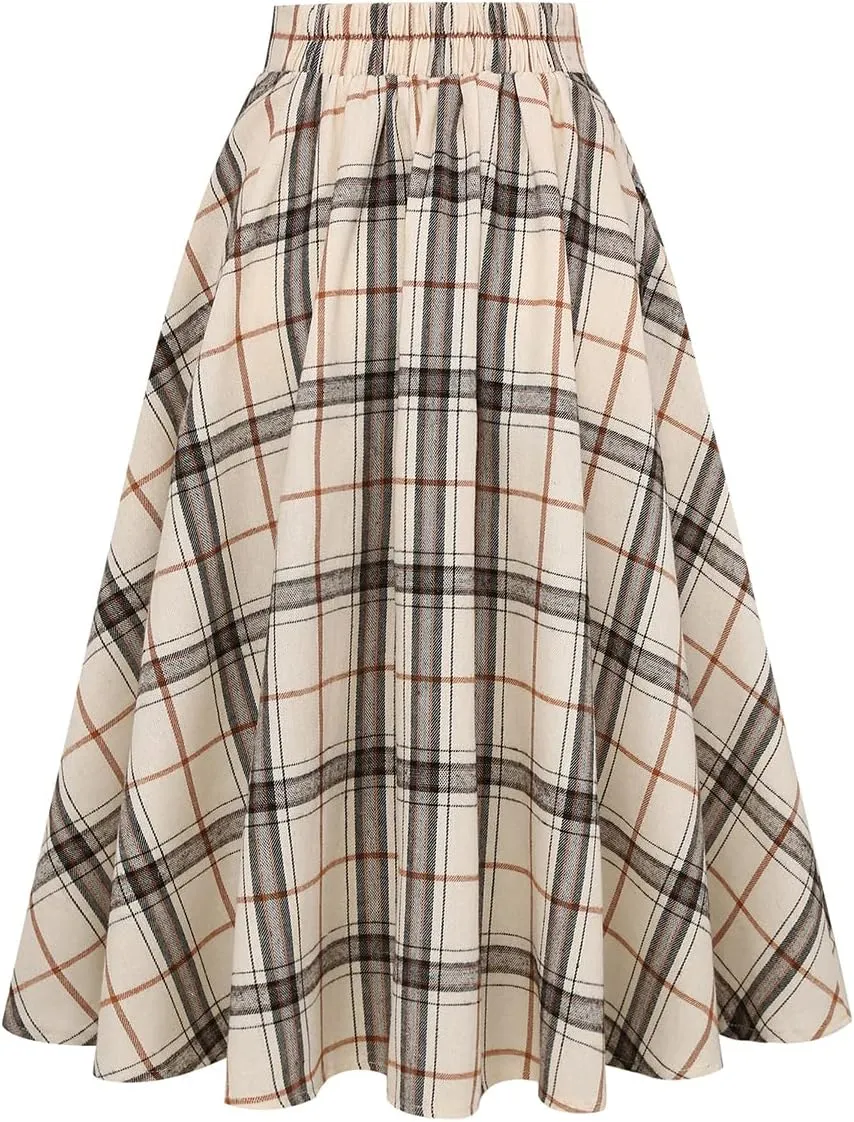 IDEALSANXUN Plaid Skirt for Womens High Waist Aline Pleated Midi Skirts