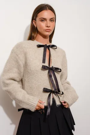 Lara Long Sleeve Satin Bow Tie Knit Cardigan Taupe