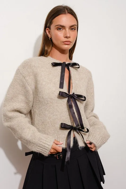 Lara Long Sleeve Satin Bow Tie Knit Cardigan Taupe