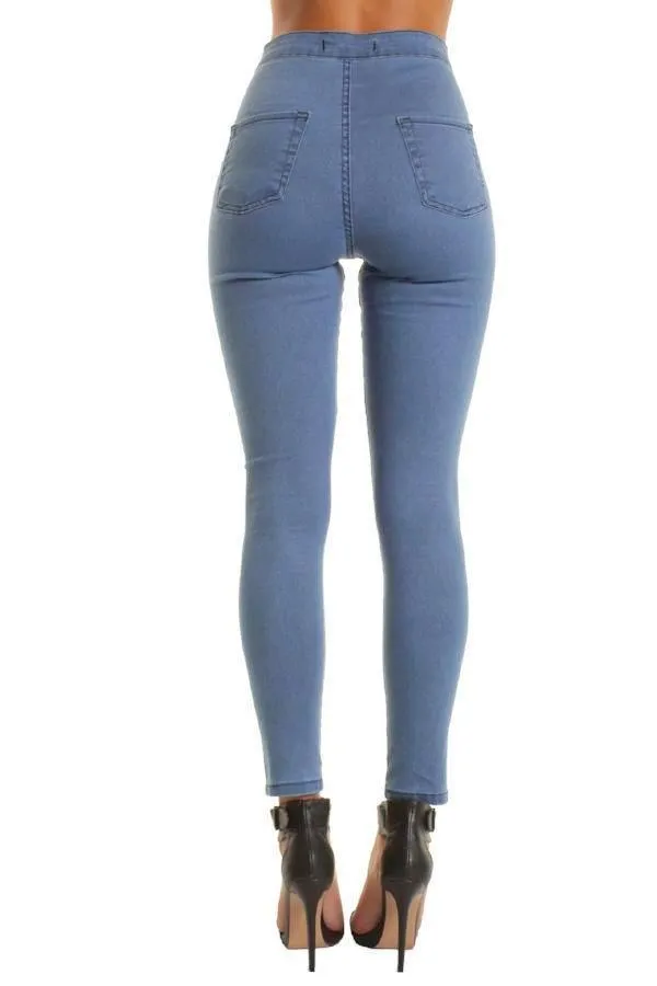 Light Blue High Waisted Ripped Knee Skinny Jeans Jeggings