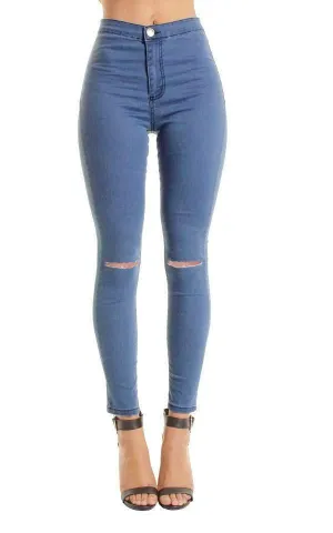 Light Blue High Waisted Ripped Knee Skinny Jeans Jeggings