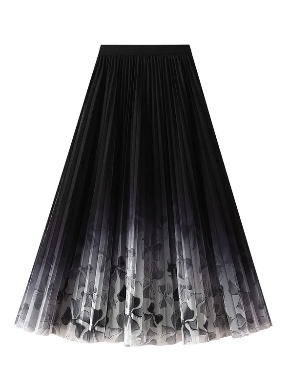 Long Printed Floral Mesh Skirt