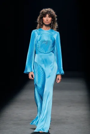 Long-Sleeved Pleated Flared Column Dress