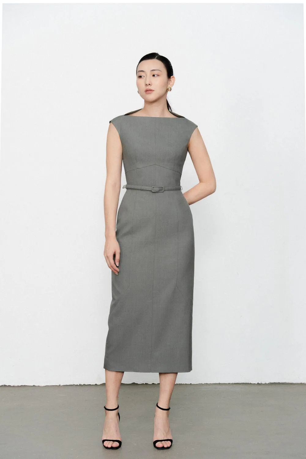 Margaret Sheath Boat Neck Polycotton Midi Dress