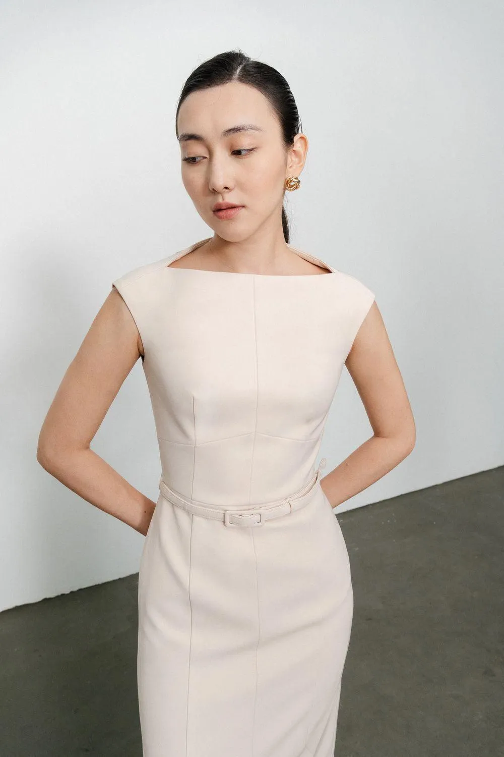 Margaret Sheath Boat Neck Polycotton Midi Dress