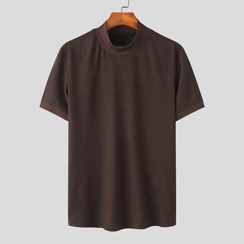 Men's Half Turtleneck Solid Color Tight Knitted Short-Sleeved T-Shirt 47280589Y