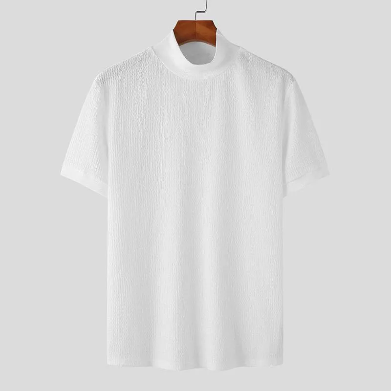 Men's Half Turtleneck Solid Color Tight Knitted Short-Sleeved T-Shirt 47280589Y