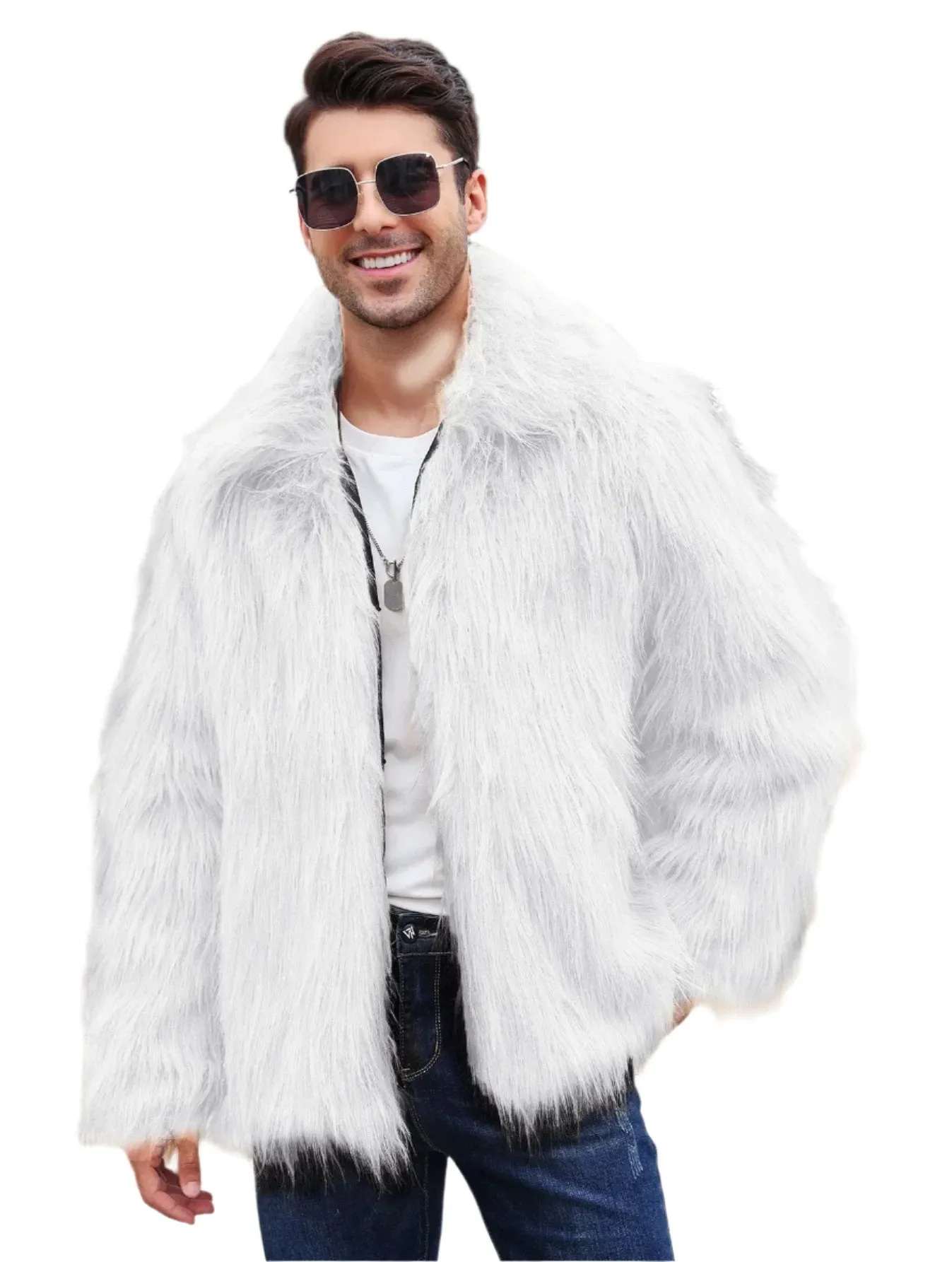 Men's Luxury Faux Fox Fur Jacket - Thick Fluffy Winter Coat with Long Sleeves & Lapel | Warm Shaggy Outerwear Bontjas Jacket
