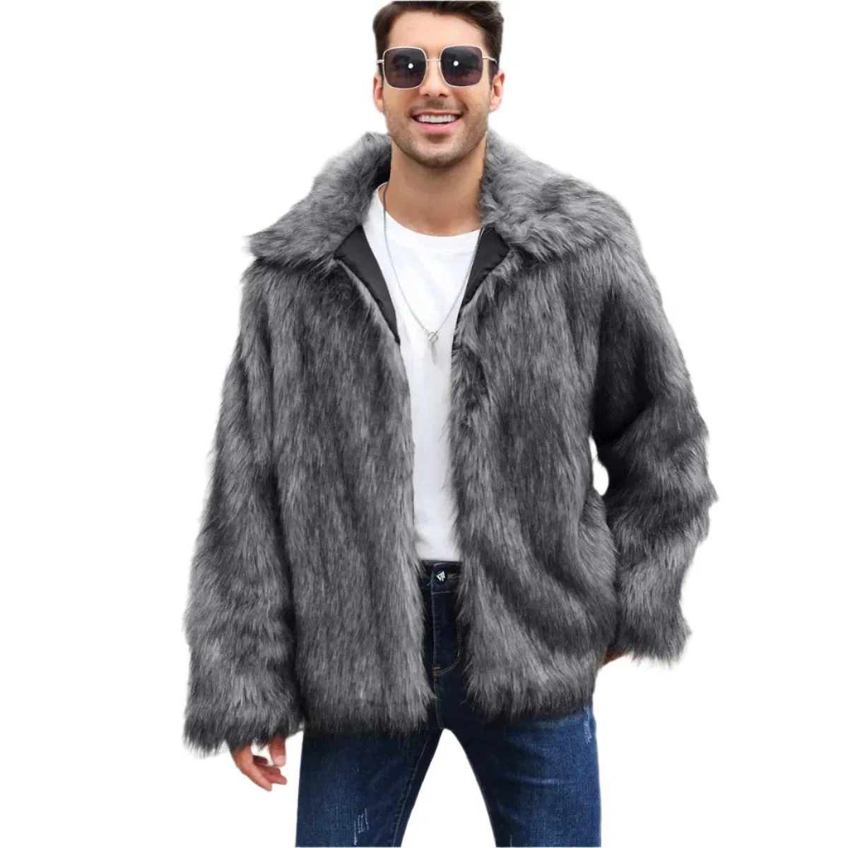 Men's Luxury Faux Fox Fur Jacket - Thick Fluffy Winter Coat with Long Sleeves & Lapel | Warm Shaggy Outerwear Bontjas Jacket