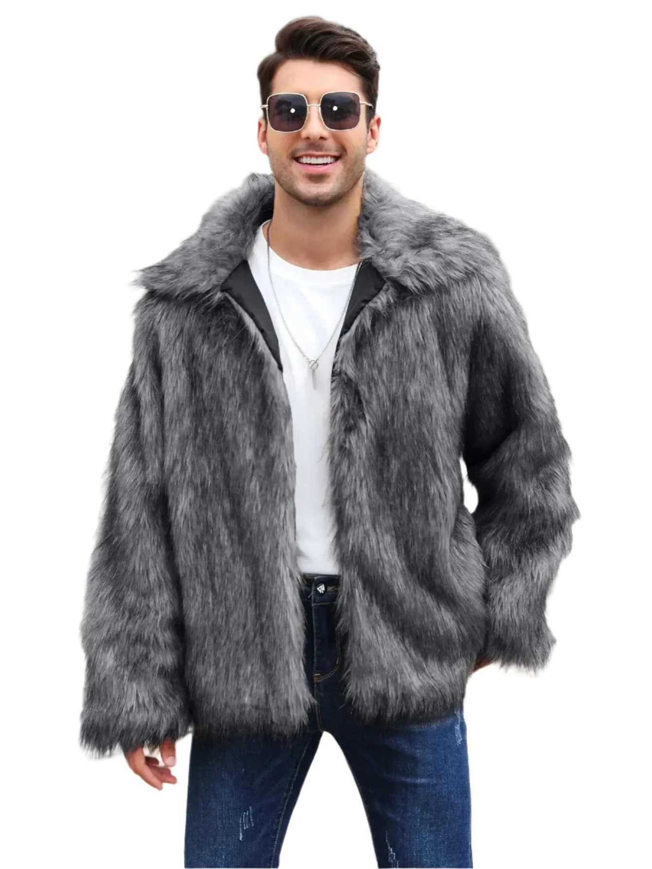 Men's Luxury Faux Fox Fur Jacket - Thick Fluffy Winter Coat with Long Sleeves & Lapel | Warm Shaggy Outerwear Bontjas Jacket