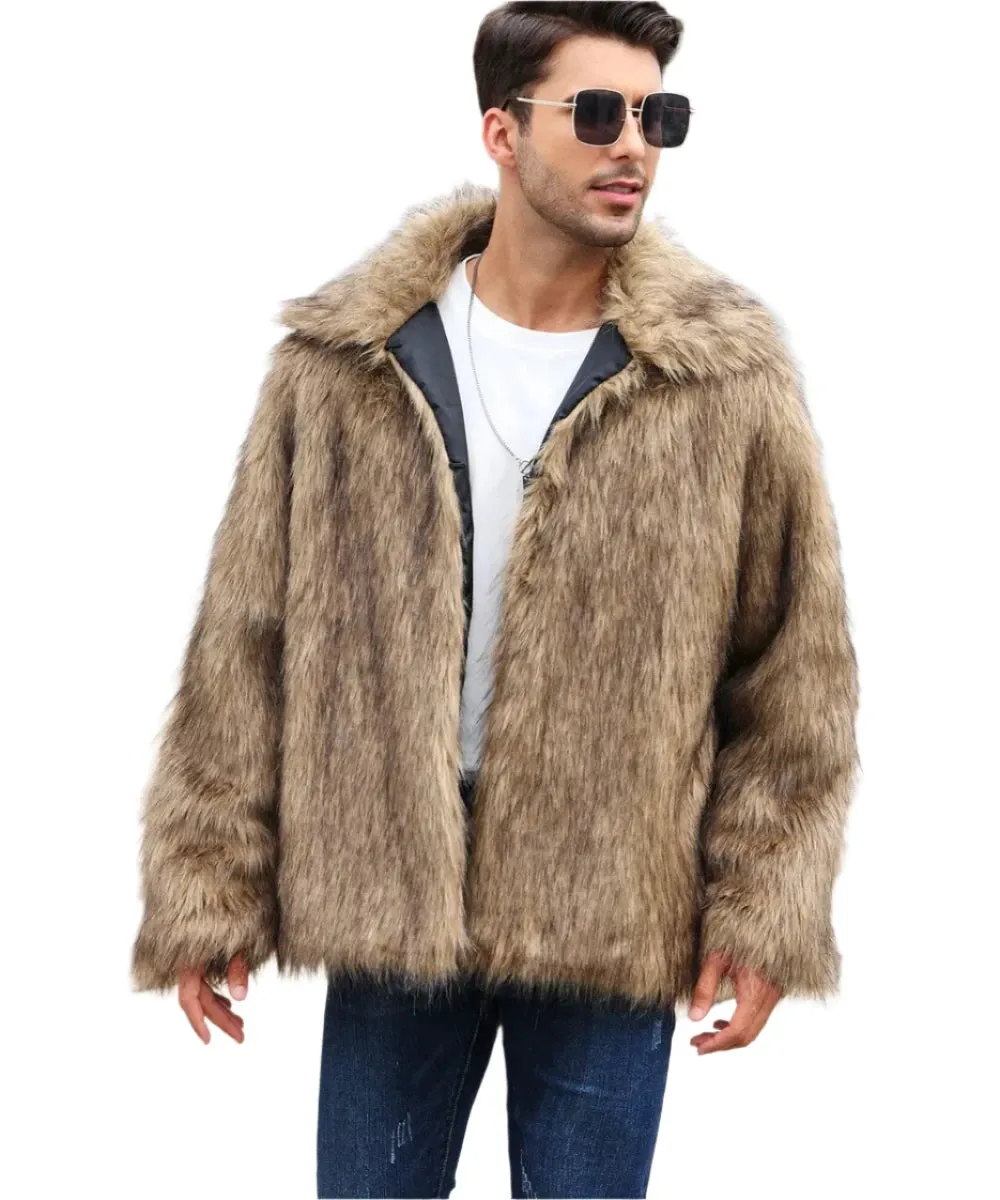 Men's Luxury Faux Fox Fur Jacket - Thick Fluffy Winter Coat with Long Sleeves & Lapel | Warm Shaggy Outerwear Bontjas Jacket