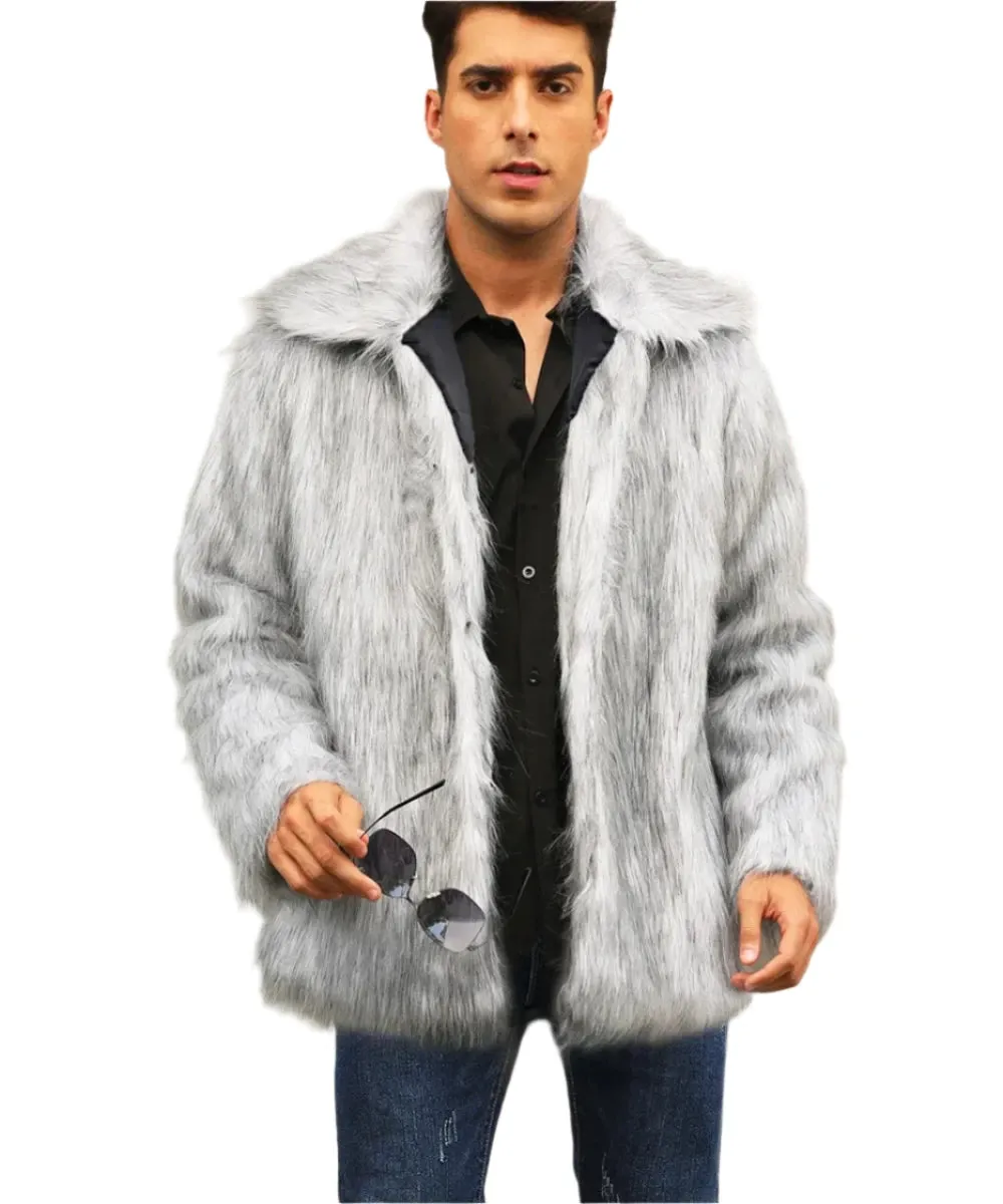 Men's Luxury Faux Fox Fur Jacket - Thick Fluffy Winter Coat with Long Sleeves & Lapel | Warm Shaggy Outerwear Bontjas Jacket
