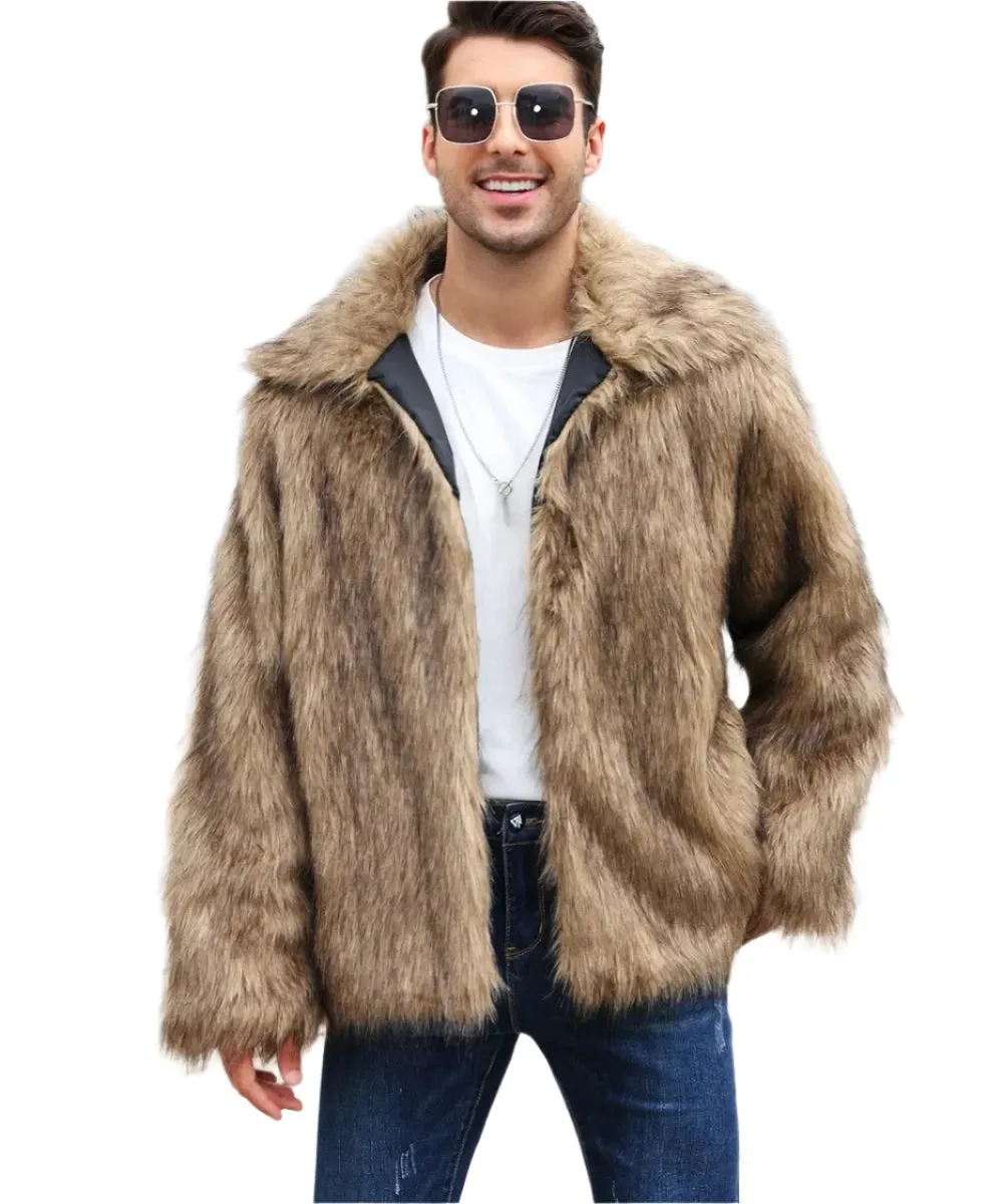 Men's Luxury Faux Fox Fur Jacket - Thick Fluffy Winter Coat with Long Sleeves & Lapel | Warm Shaggy Outerwear Bontjas Jacket