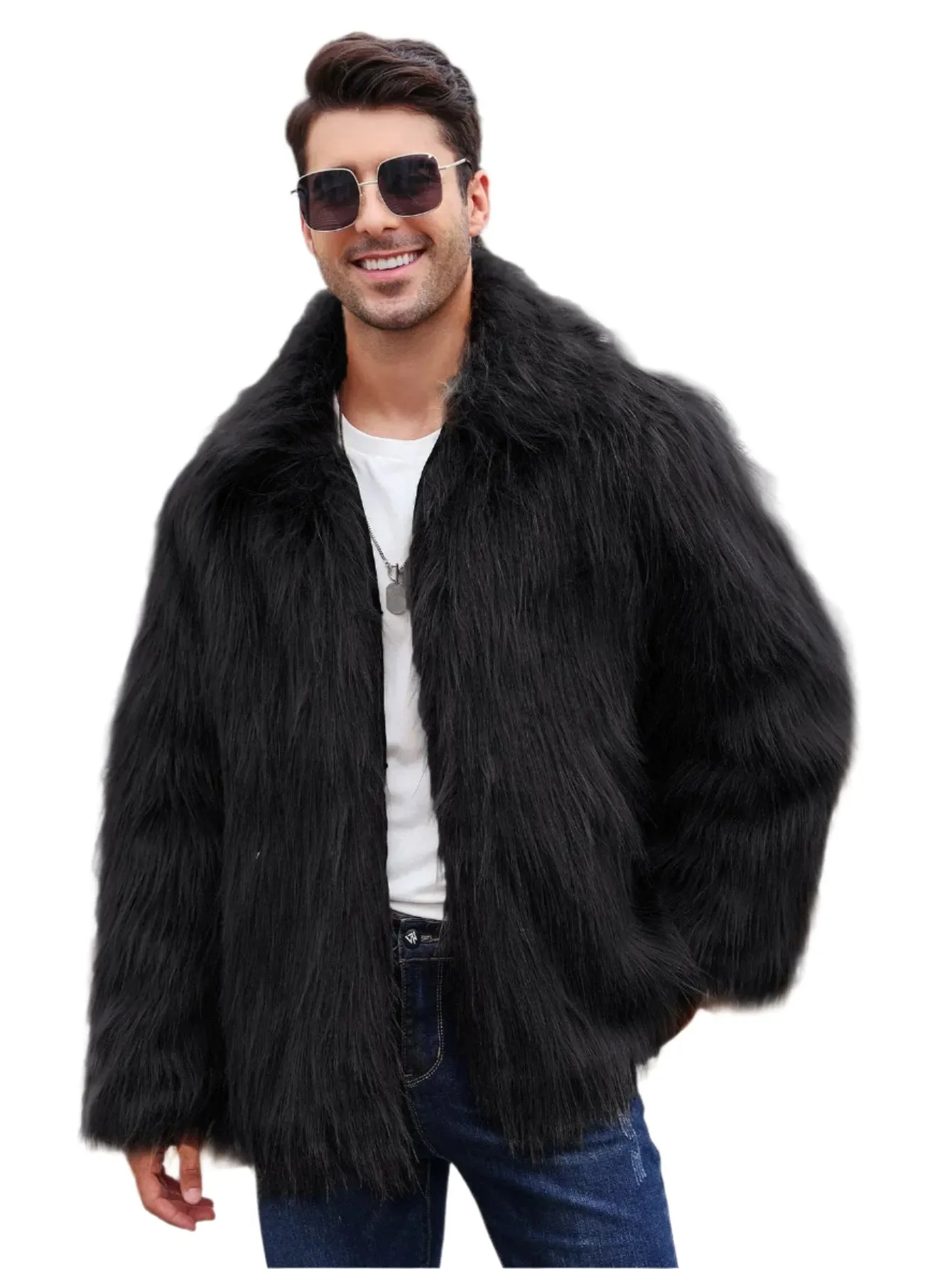 Men's Luxury Faux Fox Fur Jacket - Thick Fluffy Winter Coat with Long Sleeves & Lapel | Warm Shaggy Outerwear Bontjas Jacket