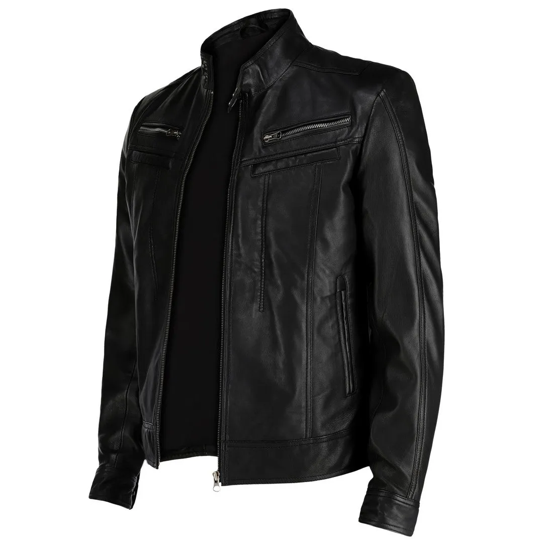 Men's Snap Button Collar Black Leather Jacket