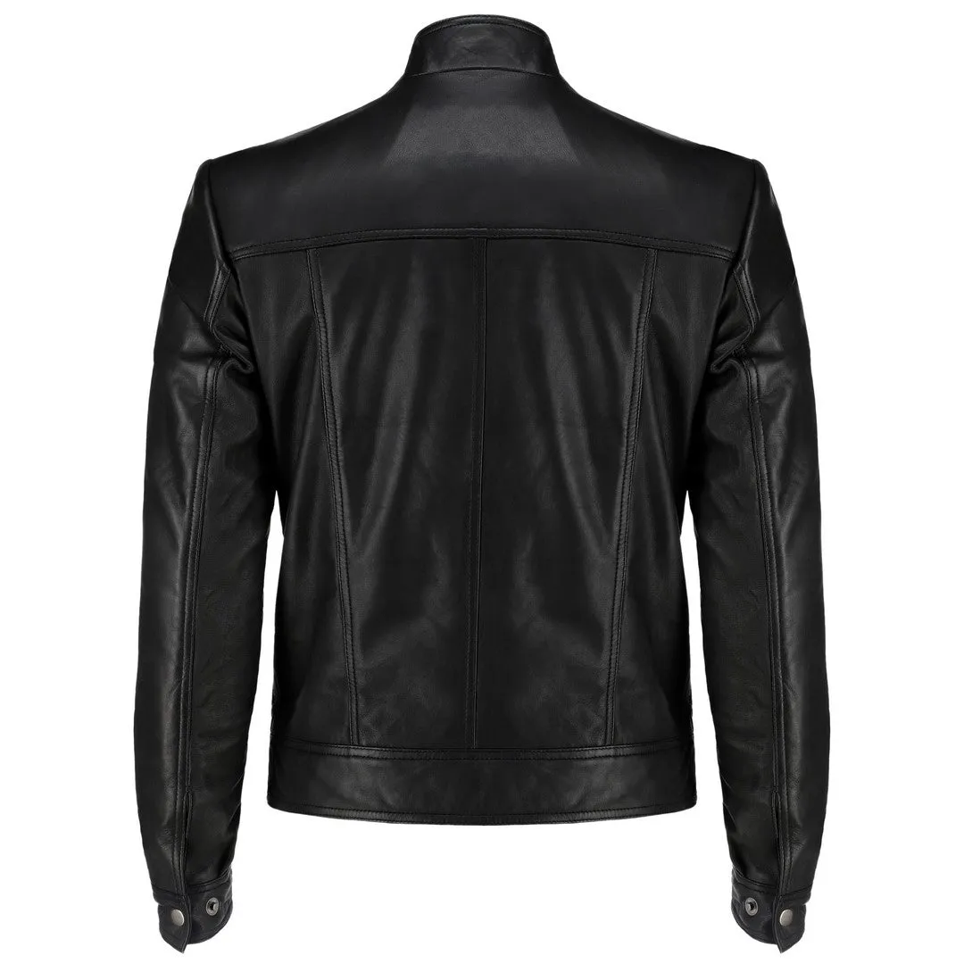 Men's Snap Button Collar Black Leather Jacket