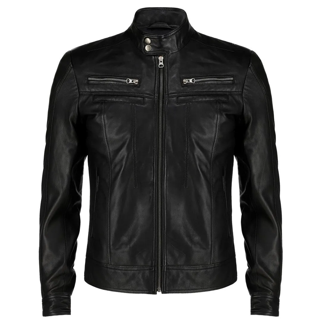 Men's Snap Button Collar Black Leather Jacket