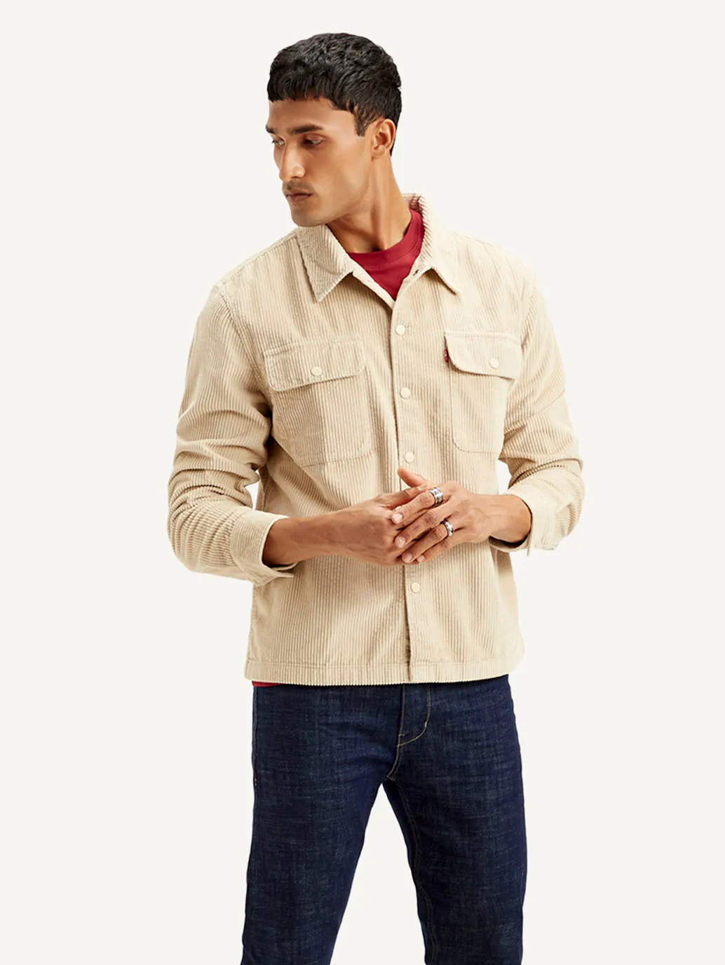Men's Solid Beige Shacket