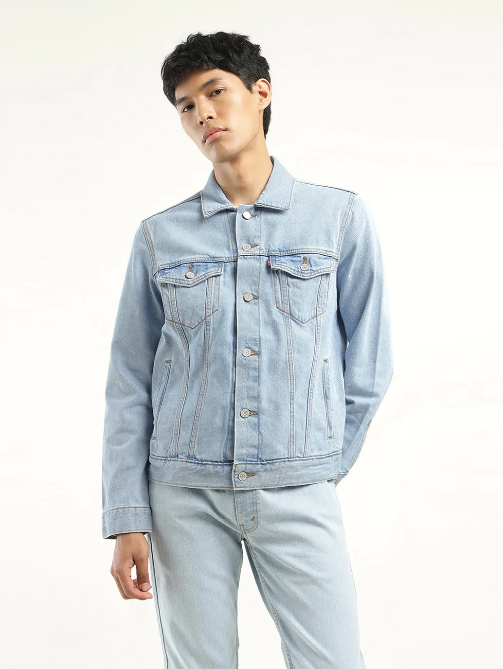 Men's Solid Light Blue Spread Collar Jacket
