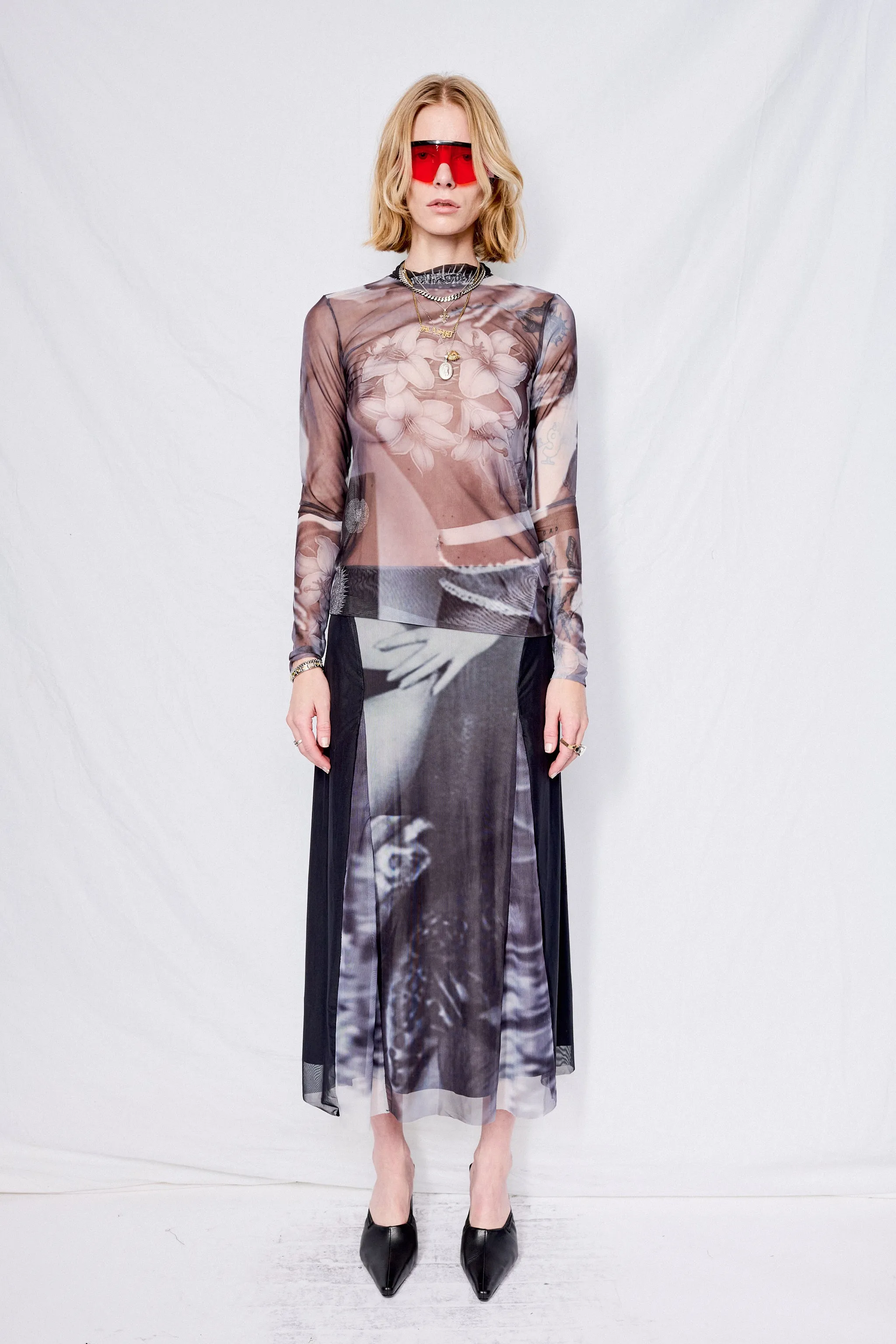 Mesh Noire Panel Ankle Skirt