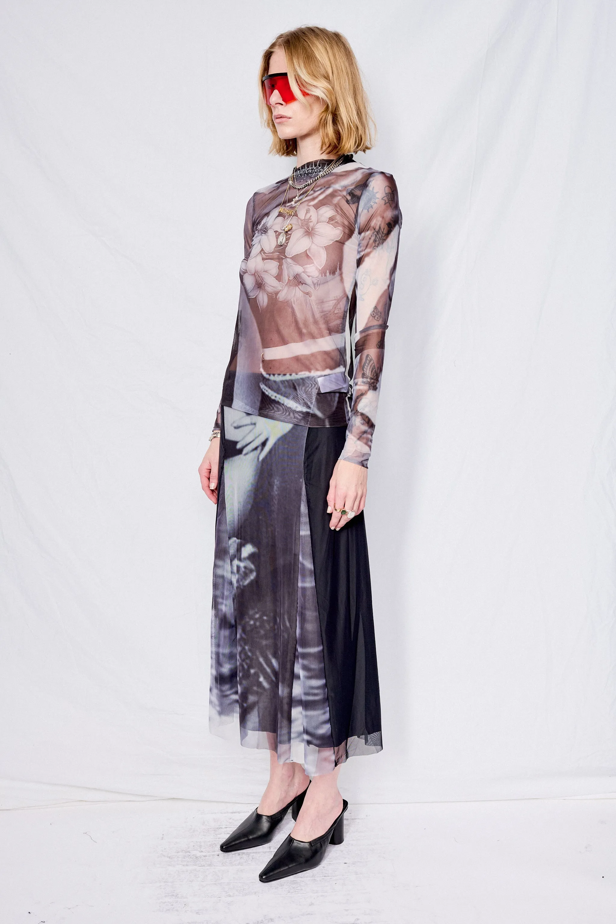 Mesh Noire Panel Ankle Skirt