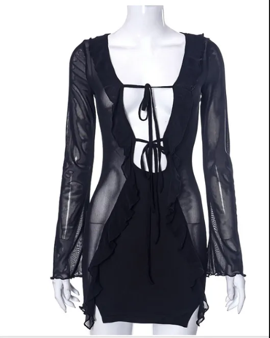 Mesh Panel Long Sleeve Ruffle Dress