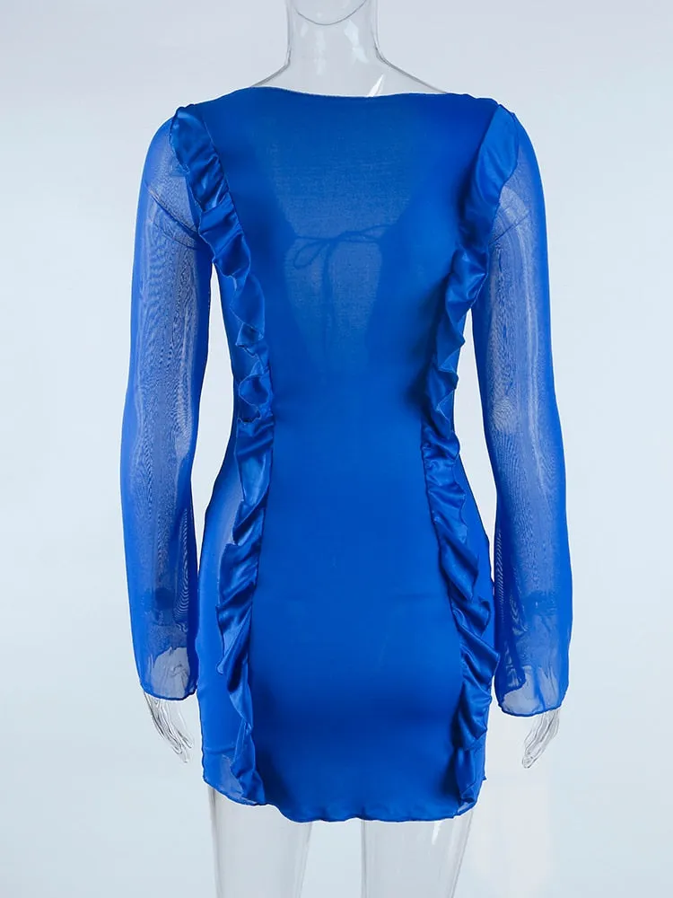 Mesh Panel Long Sleeve Ruffle Dress