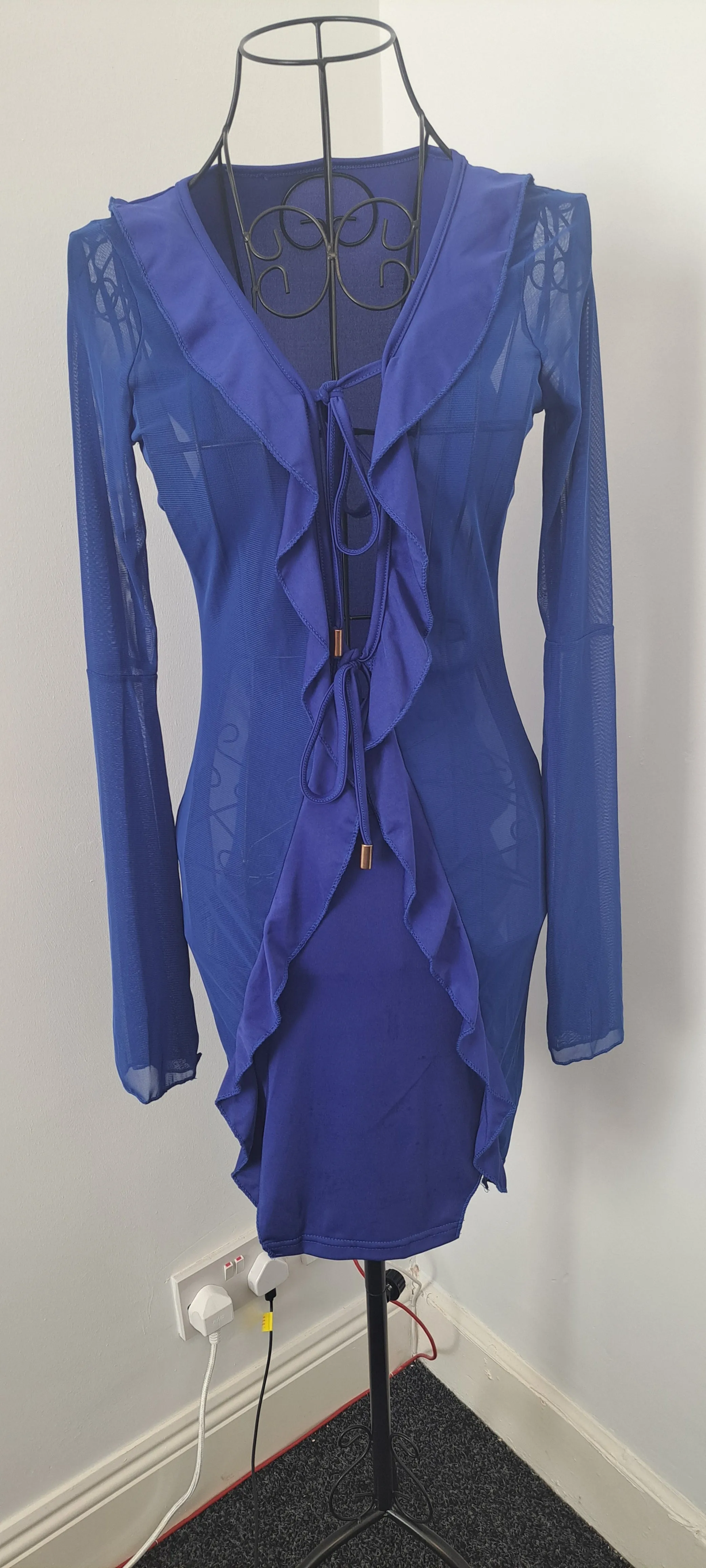 Mesh Panel Long Sleeve Ruffle Dress