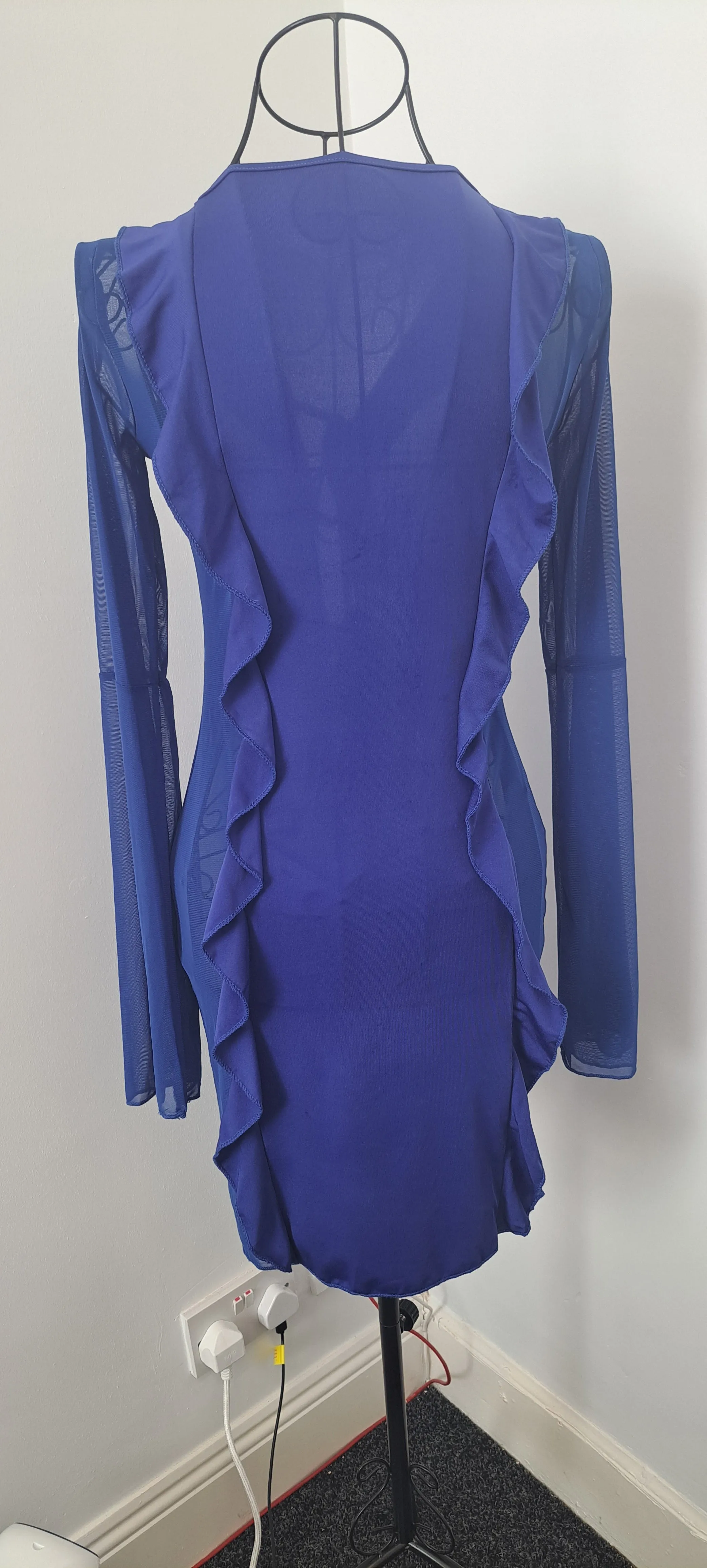 Mesh Panel Long Sleeve Ruffle Dress