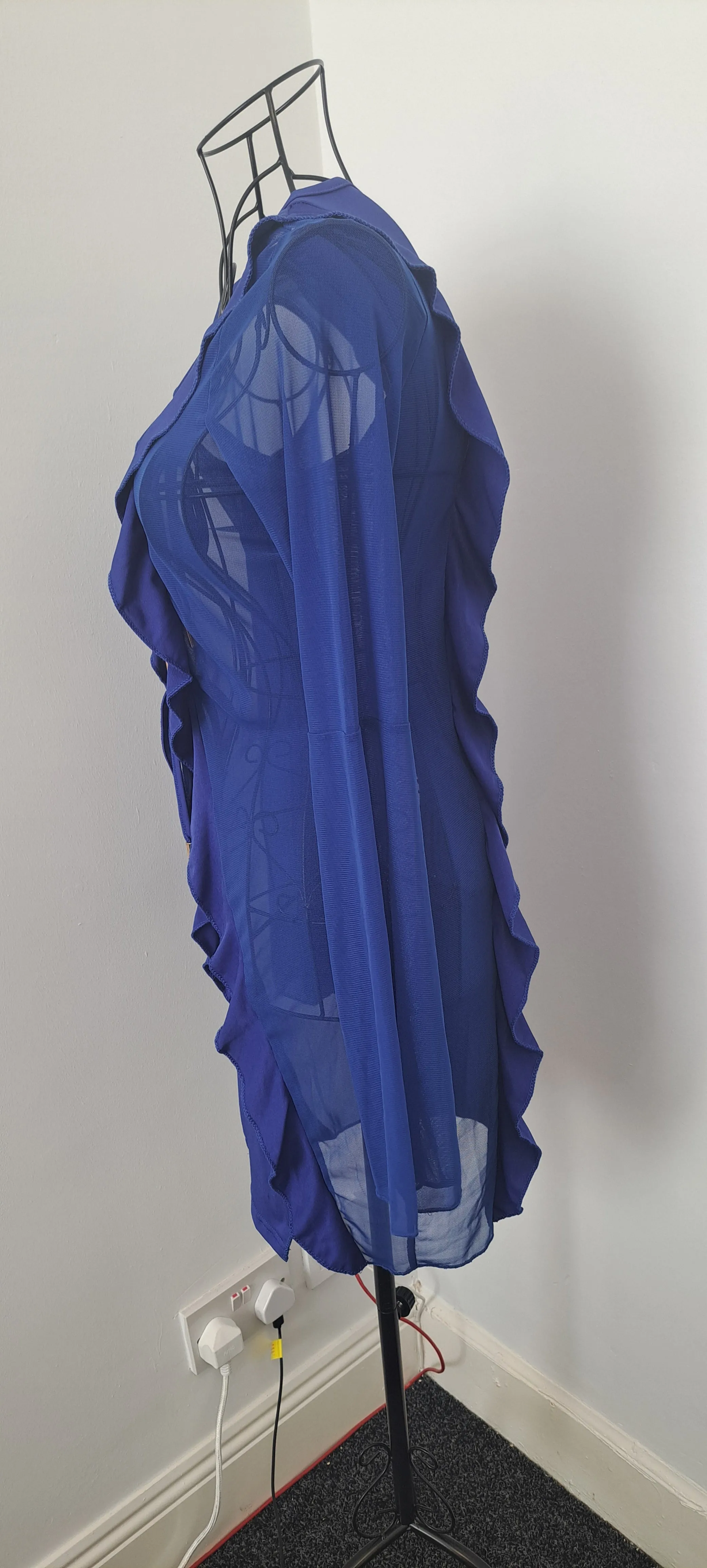 Mesh Panel Long Sleeve Ruffle Dress