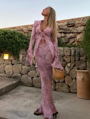 Mesh Ruffle Detail Tie Up Front Maxi Co-ord