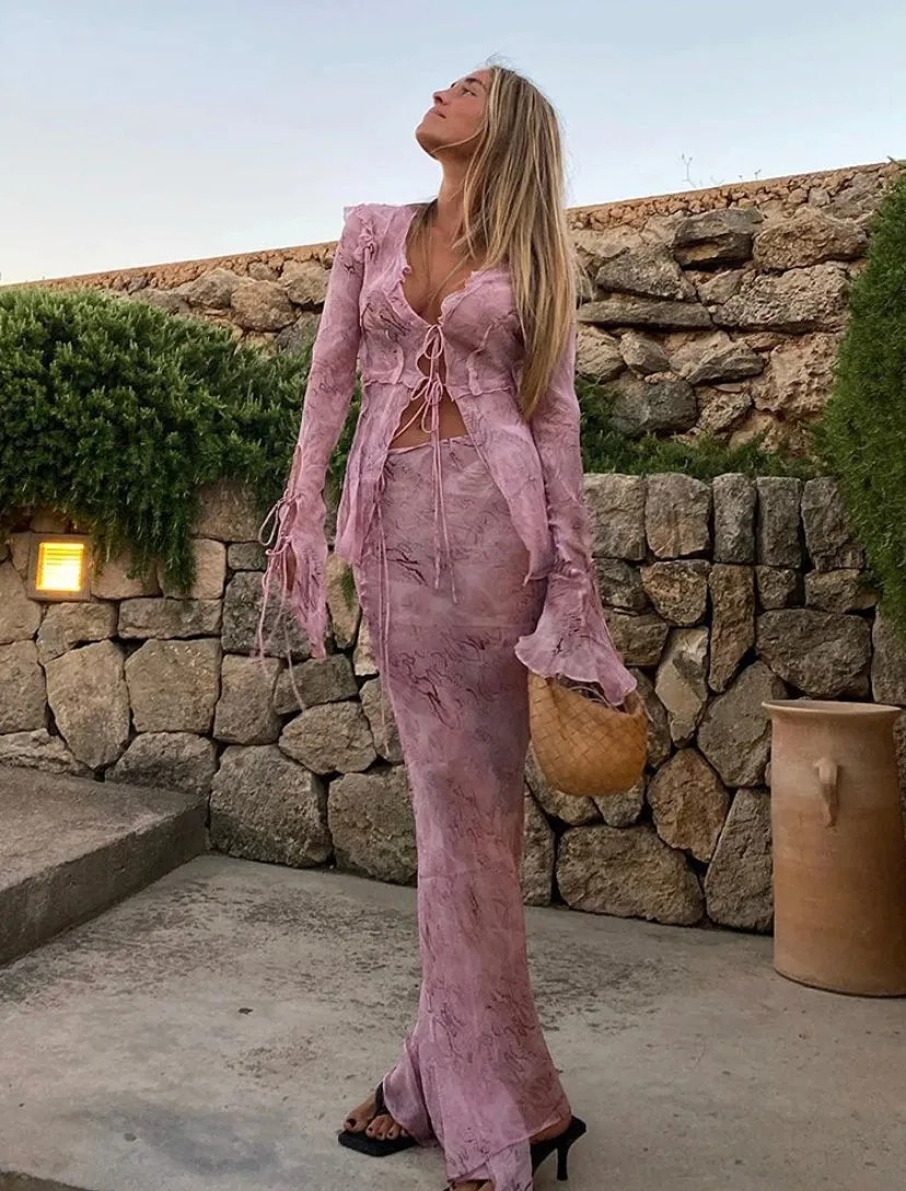 Mesh Ruffle Detail Tie Up Front Maxi Co-ord