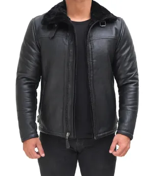 Mitchel Black Real Leather Mens Shearling Bomber Jacket