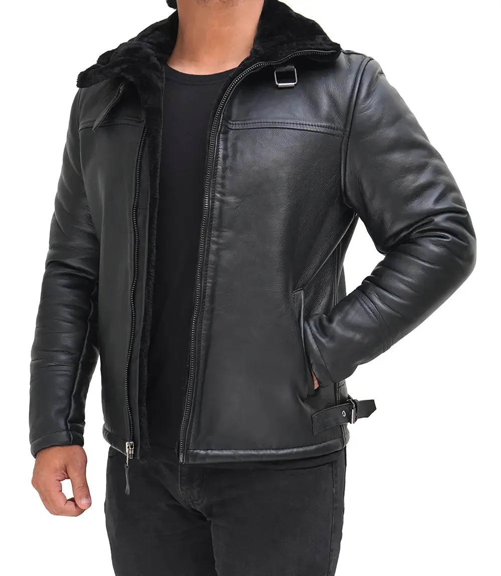Mitchel Black Real Leather Mens Shearling Bomber Jacket