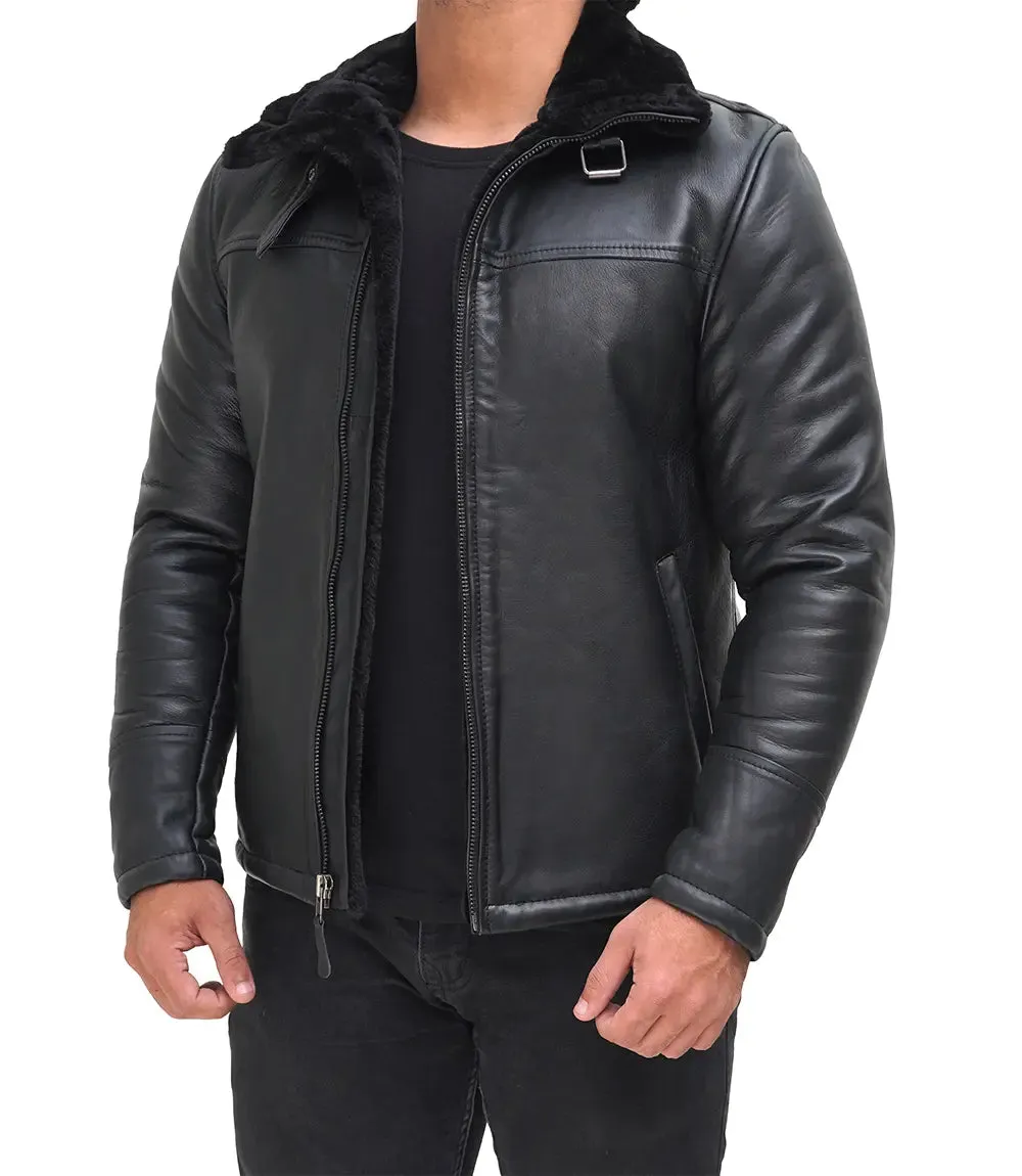 Mitchel Black Real Leather Mens Shearling Bomber Jacket