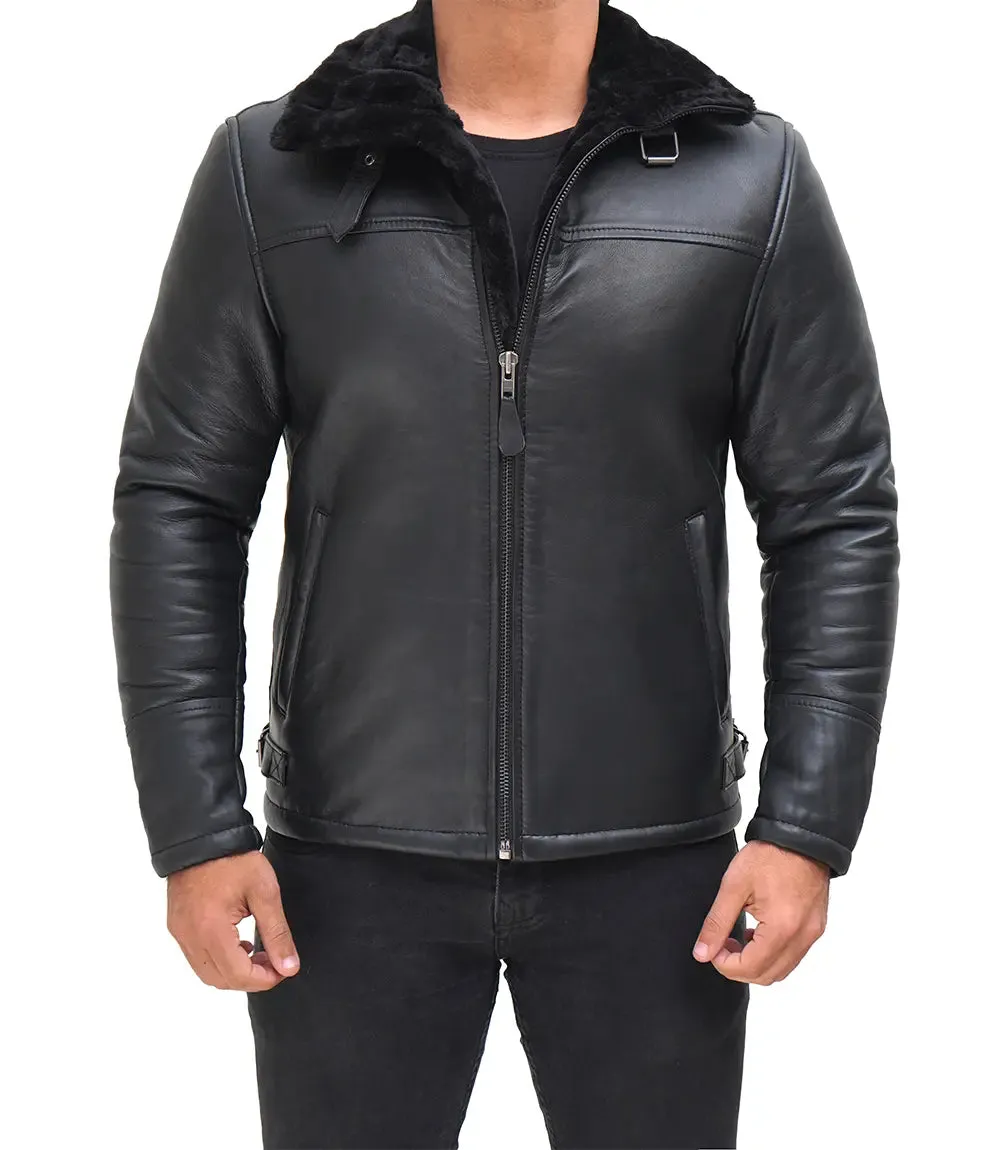 Mitchel Black Real Leather Mens Shearling Bomber Jacket
