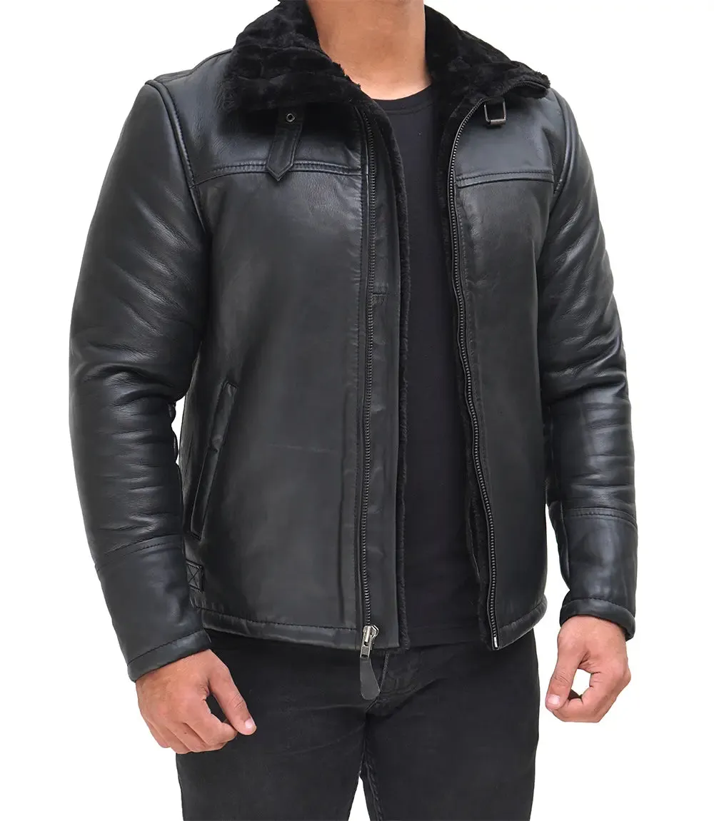 Mitchel Black Real Leather Mens Shearling Bomber Jacket