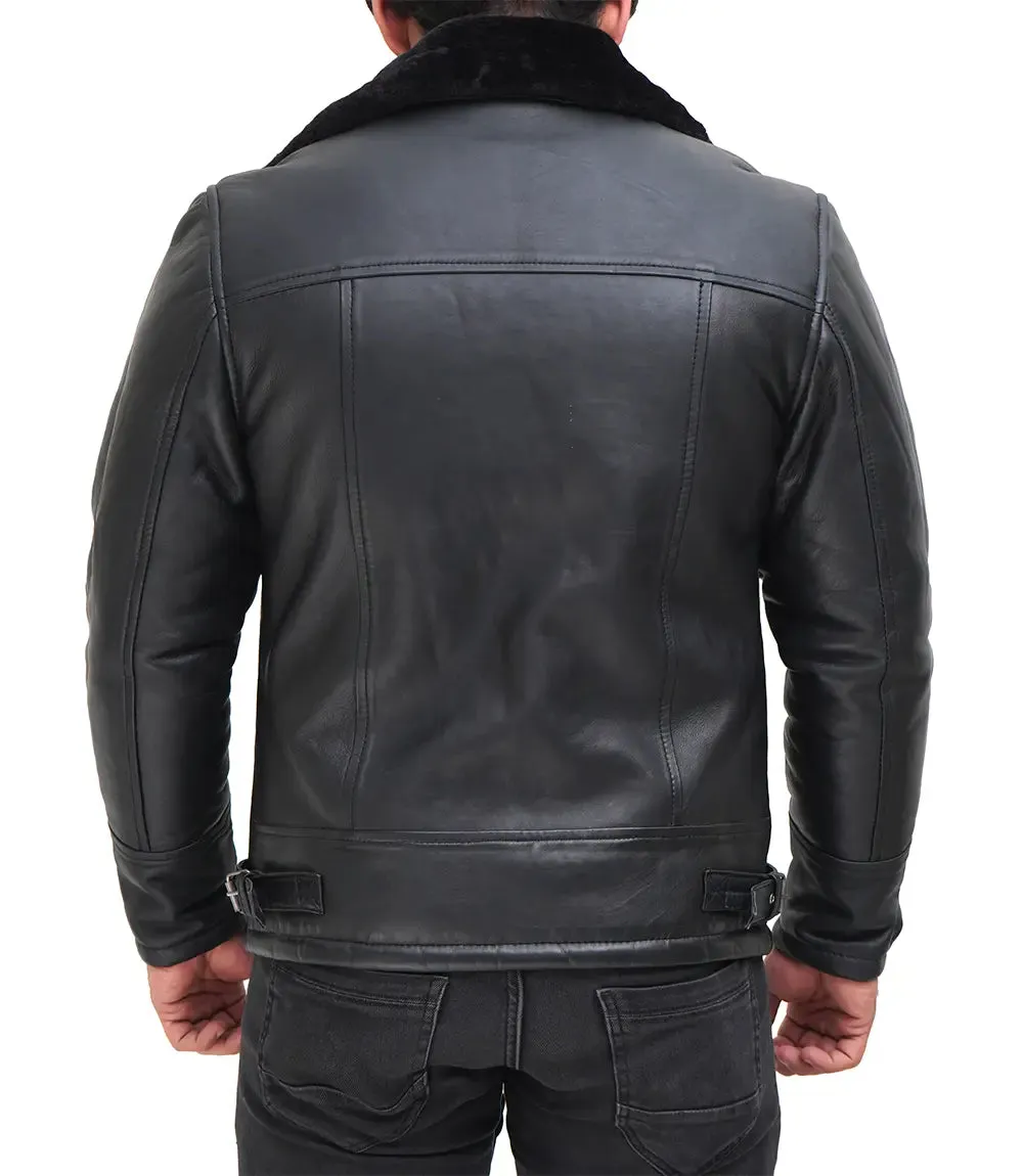 Mitchel Black Real Leather Mens Shearling Bomber Jacket