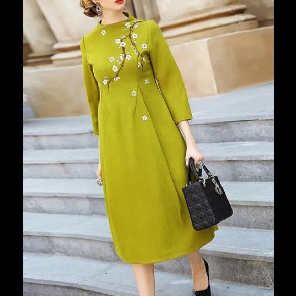 NEW WOMENS QILI Midi Wool dress STYLEWE GREEN FLORAL S Hand Painted AVOCADO