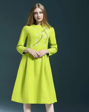 NEW WOMENS QILI Midi Wool dress STYLEWE GREEN FLORAL S Hand Painted AVOCADO
