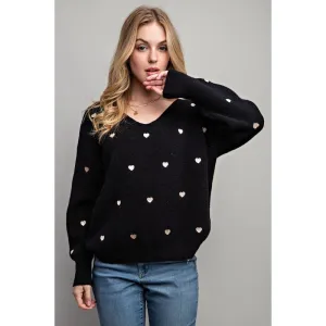 Plus Size Heart Pattern Boxy Knit Pullover Sweater Black