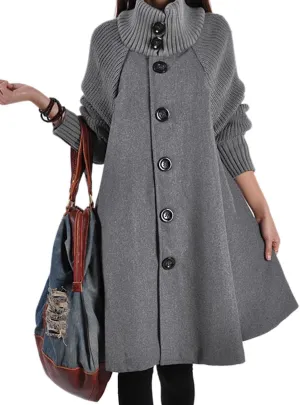 Sexyshine Women's Mid Long Length Single Breasted Cowl High Neck Loose Button Down Woolen Cloak Coat Jacket