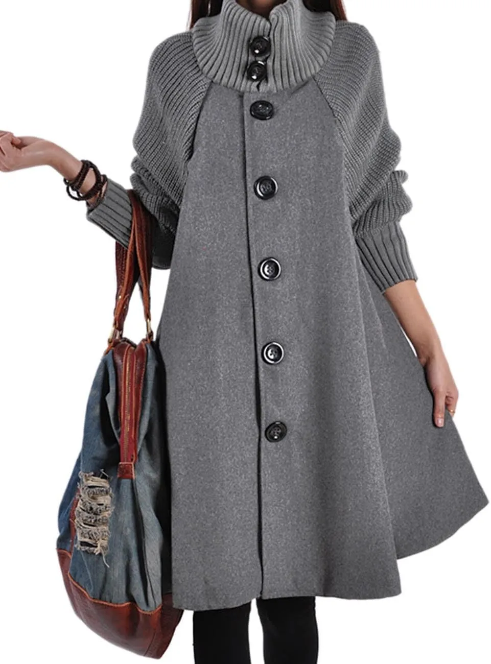 Sexyshine Women's Mid Long Length Single Breasted Cowl High Neck Loose Button Down Woolen Cloak Coat Jacket