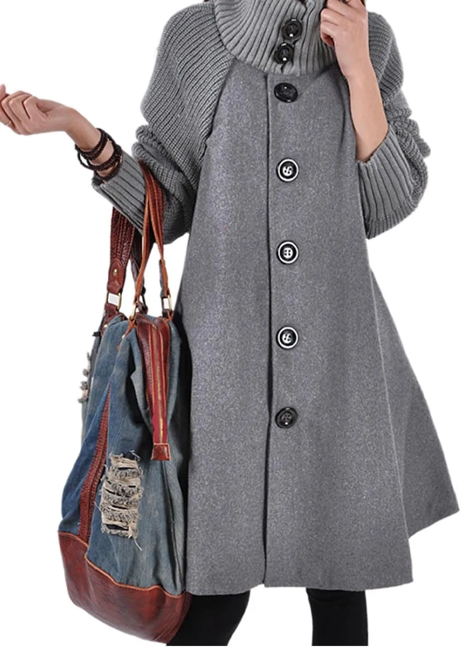 Sexyshine Women's Mid Long Length Single Breasted Cowl High Neck Loose Button Down Woolen Cloak Coat Jacket