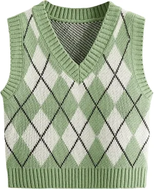 SweatyRocks Women's Plaid Geo Sleeveless V Neck Knit Crop Top Sweater Vest